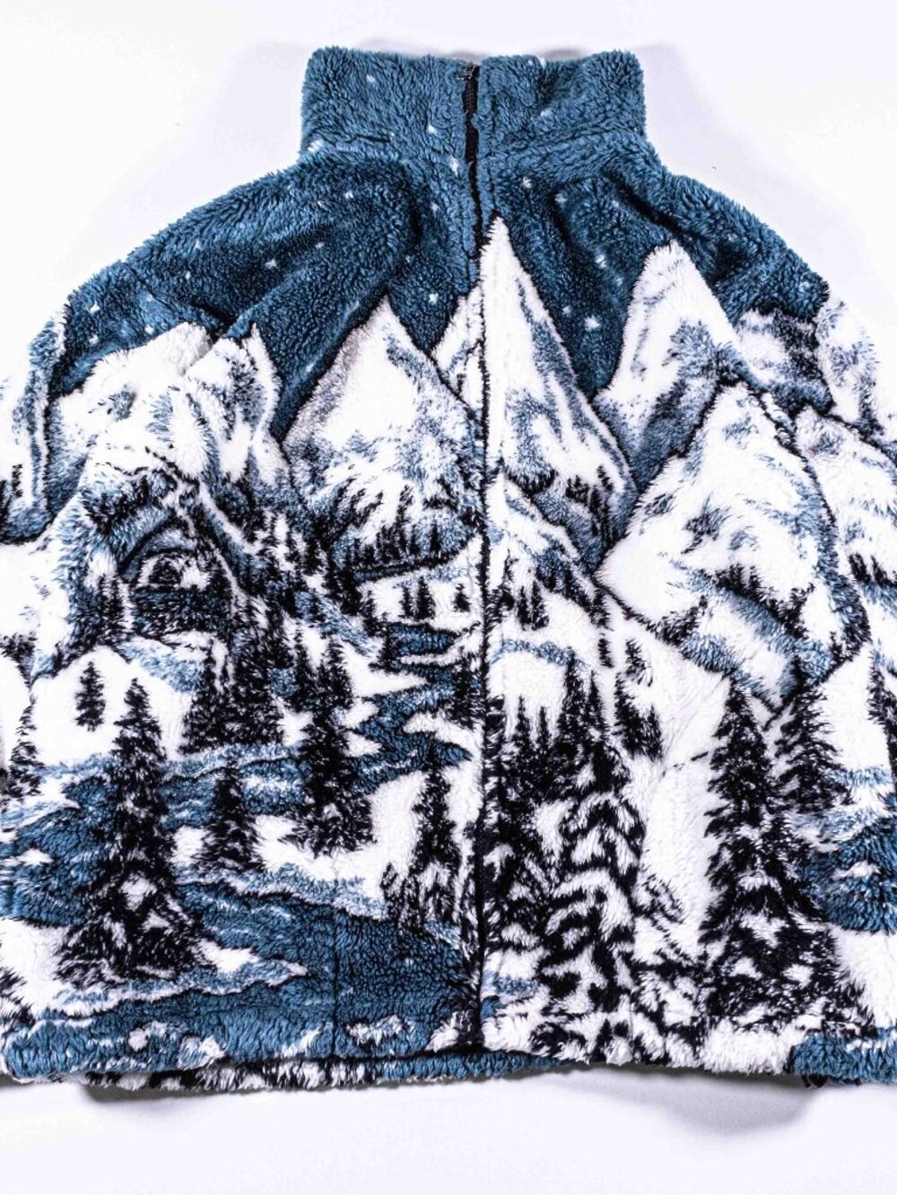 Vintage Black Mountain Wilderness Nature Forest AOP Fleece Jacket Medium USA